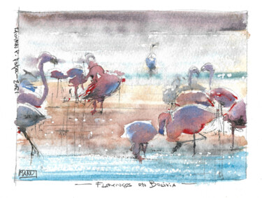 Peinture intitulée "Flamants roses, Bol…" par Manu Toxxic, Œuvre d'art originale, Aquarelle