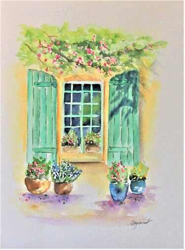 la maison aux volets verts- aquarelle Peinture intitulée "la maison aux volet…" par Patricia Giroldini Hyvernat, Œuvre d'art originale, Aquarelle