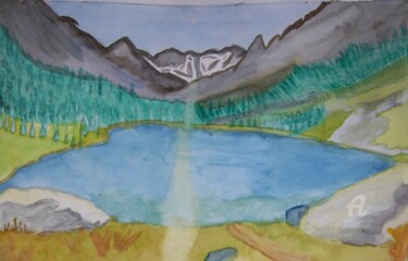 Malerei mit dem Titel "lac de gaubie" von Flobscnv, Original-Kunstwerk, Aquarell