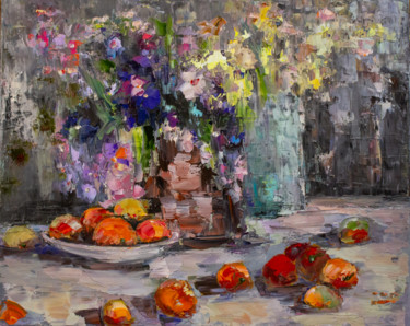 Summer mood. Still life. Flowers in a vase and apricots Painting titled "Summer mood. Still…" by Oleg Sharapanovsky, Original Artwork, Oil Mounted on Wood Stretcher frame