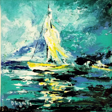 Before the storm sailboart art modern ocean blue green 제목이 "Before the storm sa…"인 미술작품 Olga Tsyhypko로, 원작, 아크릴 나무 들것 프레임에 장착됨