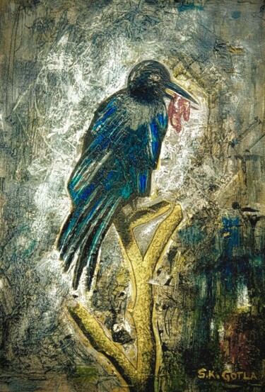 Malerei mit dem Titel "Unclean raven" von Susheel Kumar Gotla, Original-Kunstwerk, Acryl Auf Holzplatte montiert