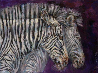Two stylish zebras on a purple background in a modern interi 绘画 标题为“Two stylish zebras…” 由Elena Reutova, 原创艺术品, 油 安装在木质担架架上