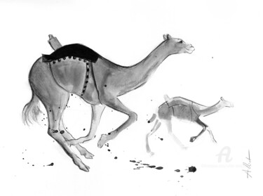 Drawing titled "La course 003" by Alliet-Delacroix, Original Artwork, Ink Mounted on Cardboard