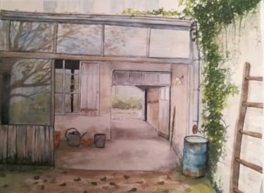 Painting titled "Lezay arrière cour" by Mickael Thébault, Original Artwork, Watercolor