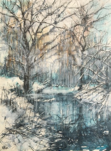Painting titled "Le lac des saules p…" by Emilian Alexianu, Original Artwork, Watercolor
