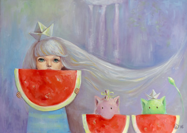 New Zealand. Watermelons and waterfalls Peinture intitulée "New Zealand. Waterm…" par Olya Yatsenko, Œuvre d'art originale, Huile