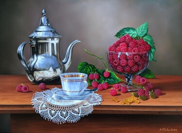 Painting titled "Nature morte raspbe…" by Shahen Aleksandryan, Original Artwork, Oil