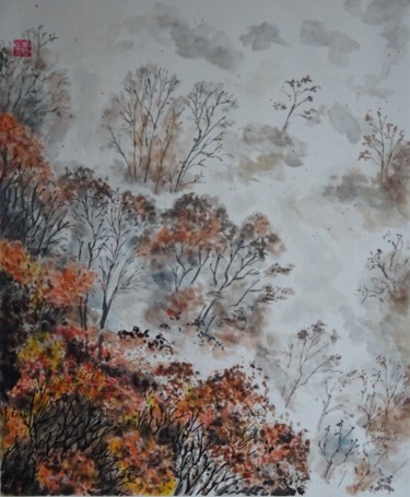Peinture intitulée "Flamboyance Boisée" par Muriel Besnard, Œuvre d'art originale, Encre Monté sur Autre panneau rigide