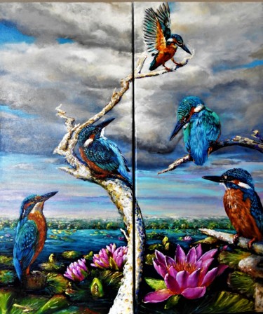 Painting titled "Le printemps des pê…" by Nadine Lenzotti, Original Artwork, Acrylic Mounted on Wood Stretcher frame