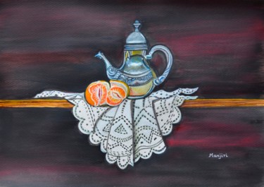 Still life with orange and teapot on lace Schilderij getiteld "Still life with ora…" door Artbymanjiri, Origineel Kunstwerk, Acryl