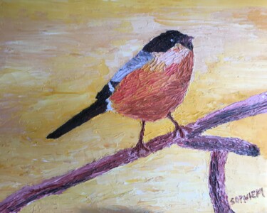 SERIE LES OISEAUX BOUVREUIL NOTRE OISEAU DES JARDINS n° 4 "SERIE LES OISEAUX B…" başlıklı Tablo Aasophiemart Moulin Du Clairon tarafından, Orijinal sanat, Petrol Ahşap Sedye çerçeves…