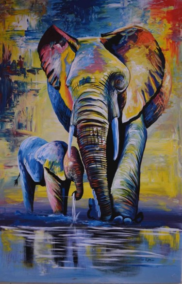 Peinture intitulée "Elephants" par Maka Magnolia, Œuvre d'art originale, Huile
