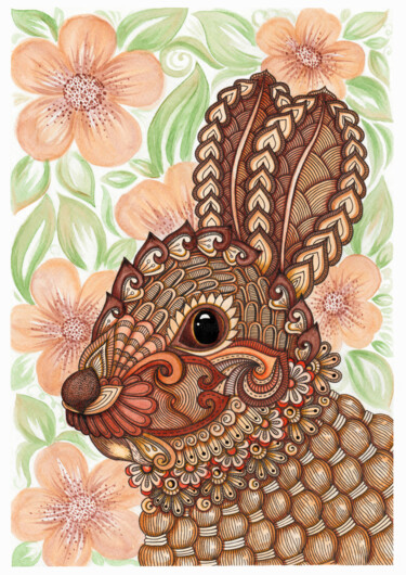 Bunny. Modern art, zentangle style, graphic animal design. Drawing titled "Bunny. Modern art,…" by Viktoriya Crichton, Original Artwork, Watercolor