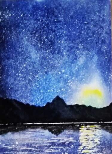 Painting titled "Ночь звёзды горы" by Anna Rogotneva, Original Artwork, Watercolor