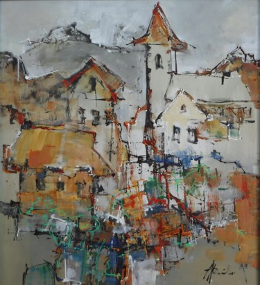Summer in our village Painting titled "Summer in our villa…" by Martin Racko, Original Artwork, Acrylic Mounted on Cardboard