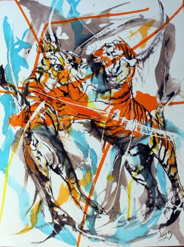 「541 : Combat de tig…」というタイトルの絵画 Jean-Luc Lopezによって, オリジナルのアートワーク, インク