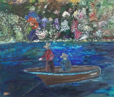 Malerei mit dem Titel "Angler im Boot" von Harry, Original-Kunstwerk, Öl