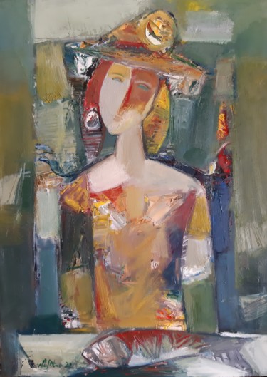 Lady and fish (42x58cm ,oil/canvas, abstract portrait) 绘画 标题为“Lady and fish (42x5…” 由Mateos Sargsyan, 原创艺术品, 油 安装在木质担架架上