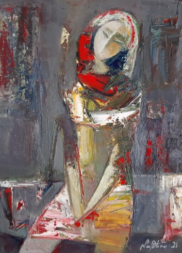Waiting (30x40cm, oil/canvas, abstract portrait) 绘画 标题为“Waiting (30x40cm, o…” 由Mateos Sargsyan, 原创艺术品, 油 安装在木质担架架上