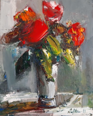 Red poppies (30x24cm, oil painting, palette knife) Pintura intitulada "Red poppies (30x24c…" por Mateos Sargsyan, Obras de arte originais, Óleo Montado em Armação em madeira