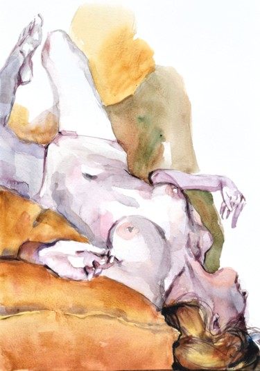 「Nu avec oreiller oc…」というタイトルの絵画 Goran Žigolić (watercolors)によって, オリジナルのアートワーク, 水彩画