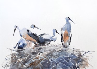Ζωγραφική με τίτλο "Cigognes dans le ni…" από Goran Žigolić (watercolors), Αυθεντικά έργα τέχνης, Ακουαρέλα