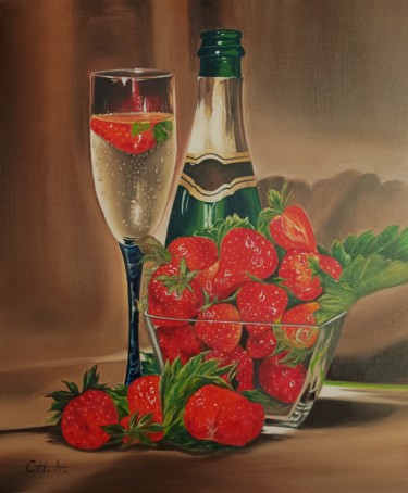 Peinture intitulée "Cava y fresas" par María Rosario Aladro Loza, Œuvre d'art originale, Huile Monté sur Panneau de bois