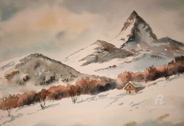 Painting titled "LE CERVIN" by Alain Devienne, Original Artwork, Watercolor