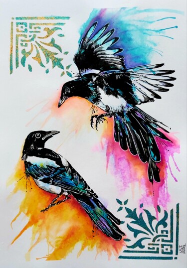 Painting titled "Les Pies Bavardes" by Mag Et Stef Gransagne (Mag et Stef - Les Quatre Mains), Original Artwork, Acrylic