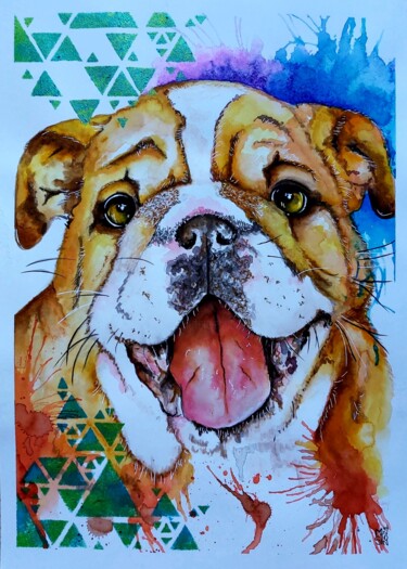 Marcel - le bulldog Anglais 绘画 标题为“Marcel - le bulldog…” 由Mag Et Stef Gransagne (Mag et Stef - Les Quatre Mains), 原创艺术品, 墨