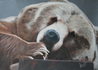 Peinture intitulée "La sieste de l'ours…" par Catherine Costet (Lccat), Œuvre d'art originale, Pastel