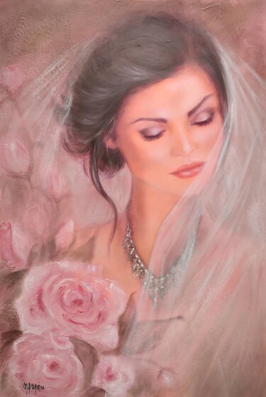 绘画 标题为“Voile et roses” 由Martine Gregoire, 原创艺术品, 油 安装在木质担架架上