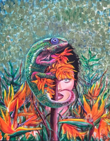 Colorful female portrait with flowers and chameleon Schilderij getiteld "Colorful female por…" door Julia Brinkfrau, Origineel Kunstwerk, Acryl