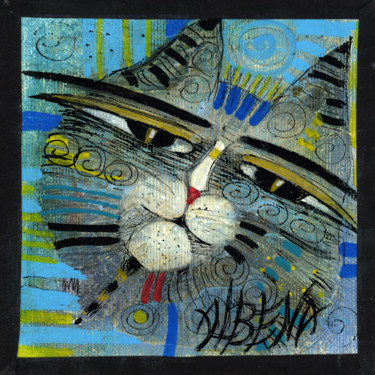 绘画 标题为“The cat 15 cm” 由Albena Vatcheva, 原创艺术品, 油 安装在木质担架架上