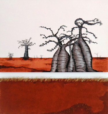 绘画 标题为“Baobabs en terre ro…” 由Mileg, 原创艺术品, 丙烯 安装在木质担架架上
