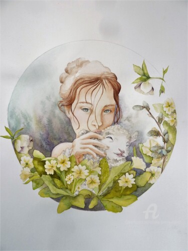 Peinture intitulée ""Février aux primev…" par Solveig Gnéma-Richard, Œuvre d'art originale, Aquarelle