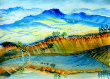 Painting titled "Falaise d'ocre" by Jean Marc Collombat, Original Artwork, Watercolor