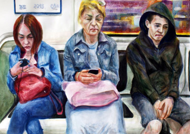 Painting titled "Passangers II." by Emese Bács, Original Artwork, Watercolor