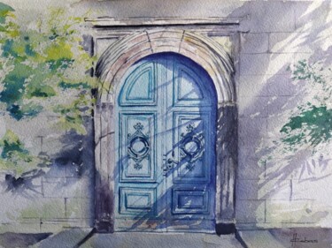 Blue Door Painting titled "Blue Door" by Horacio Cobas, Original Artwork, Watercolor