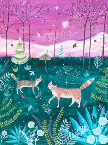 绘画 标题为“Cat walk in winter” 由Mary Stubberfield, 原创艺术品, 丙烯