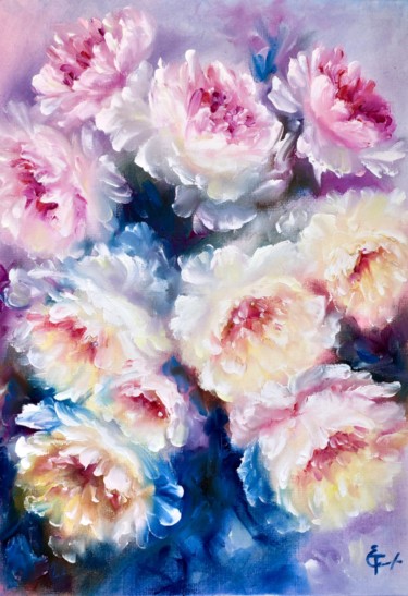 Peony blossom(fingertips painting) 제목이 "Peony blossom(finge…"인 미술작품 Tatsiana Yelistratava로, 원작, 기름