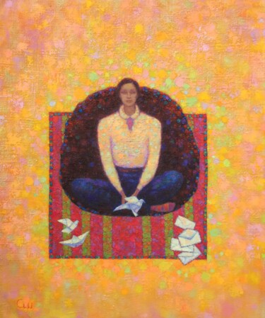 绘画 标题为“Paper pigeon” 由Natalya Chepulskaya, 原创艺术品, 油 安装在木质担架架上