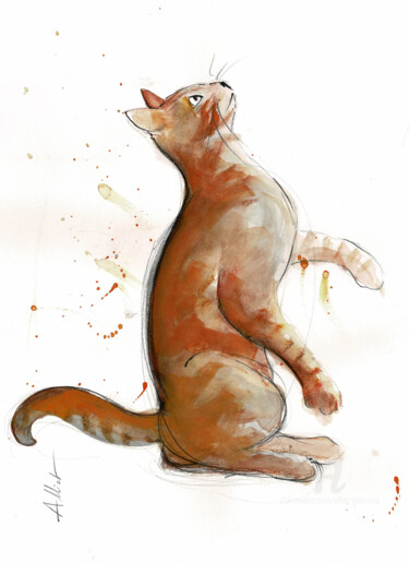 Drawing titled "Chat dynamique N°01…" by Alliet-Delacroix, Original Artwork, Watercolor