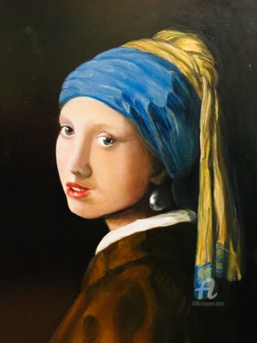 La jeune fille à la perle et au turban jaune Painting titled "La jeune fille à la…" by Domassini, Original Artwork, Oil