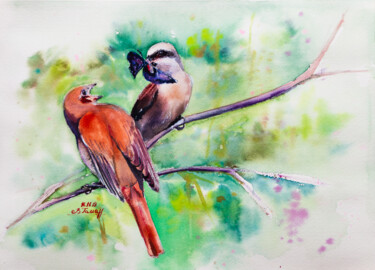Julan bird feeds his chick. Painting titled "Julan bird feeds hi…" by Viktoriia Gaman, Original Artwork, Watercolor