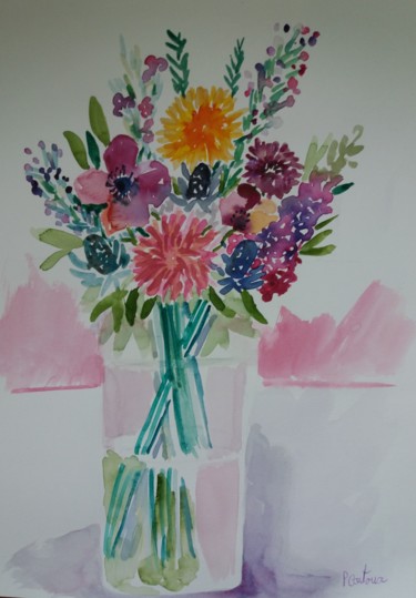 Peinture intitulée "Bouquet dans un vas…" par Pascale Coutoux, Œuvre d'art originale, Aquarelle