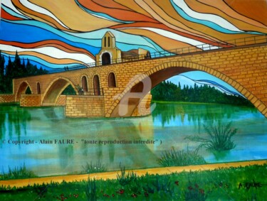 SUR LE PONT D'AVIGNON Peinture intitulée "SUR LE PONT D'AVIGN…" par Alain Faure, Œuvre d'art originale, Acrylique Monté sur Châssis en bois