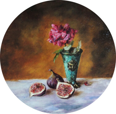 Painting titled "Rose and Figs" by Maria Bel, Original Artwork, Oil Mounted on Cardboard