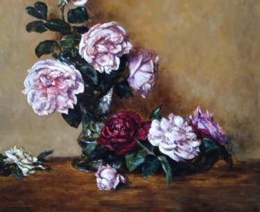 Roses (copie d'apres H.Fantin-Latour) Painting titled "Roses (copie d'apre…" by Maria Bel, Original Artwork, Oil Mounted on Cardboard